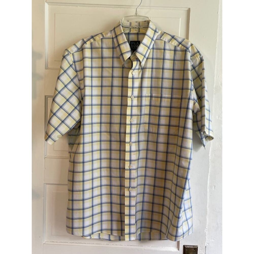 Jos.‎ A. Bank Size Large Short Sleeve Button Front Yellow & Blue Plaid Shirt